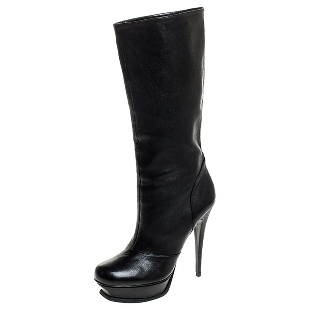 Saint Laurent Paris Black Leather Tribute Mid Calf Boots Size 40