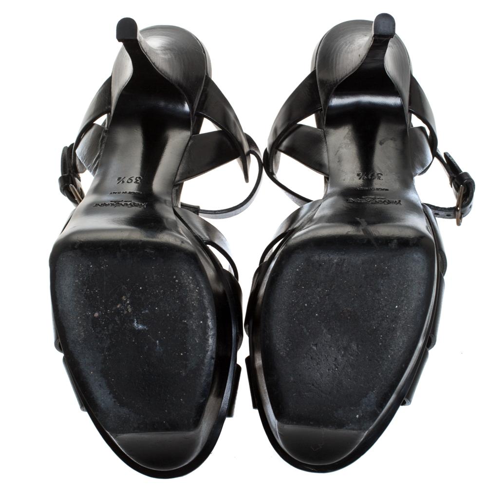 Women's Saint Laurent Paris Black Leather Tribute Platform Ankle Strap Sandals Size 39.5