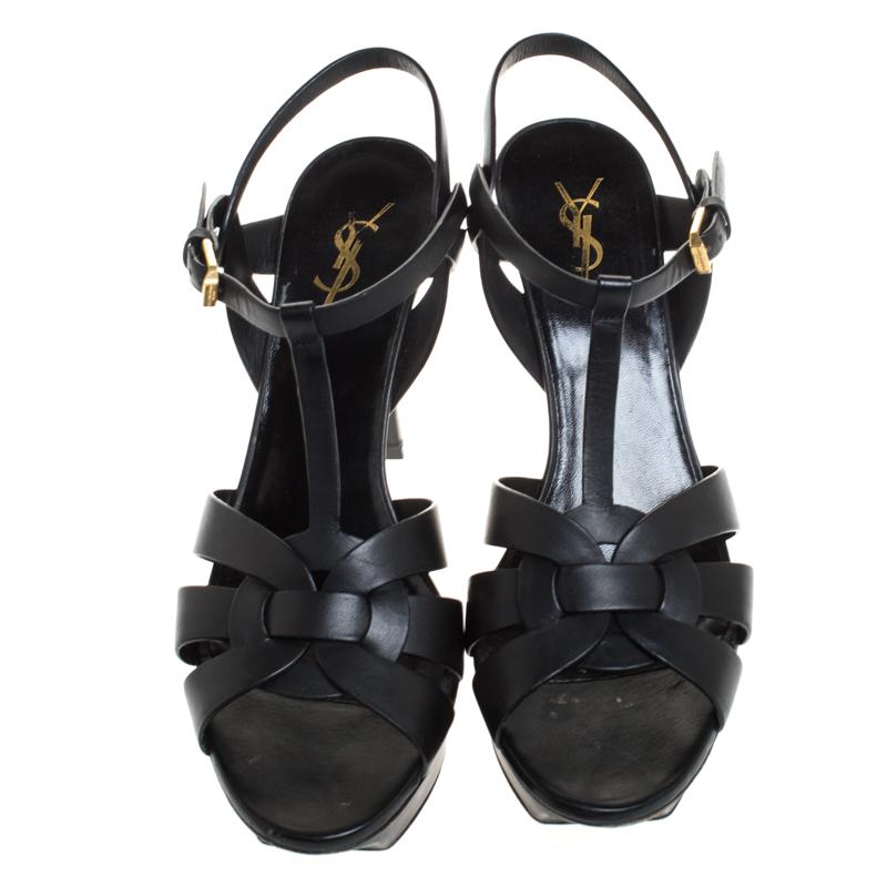 Saint Laurent Paris Black Leather Tribute Platform Ankle Strap Sandals Size 41.5 In Good Condition In Dubai, Al Qouz 2
