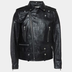 Saint Laurent Paris Black Leather Zipper Detail Biker Jacket XL
