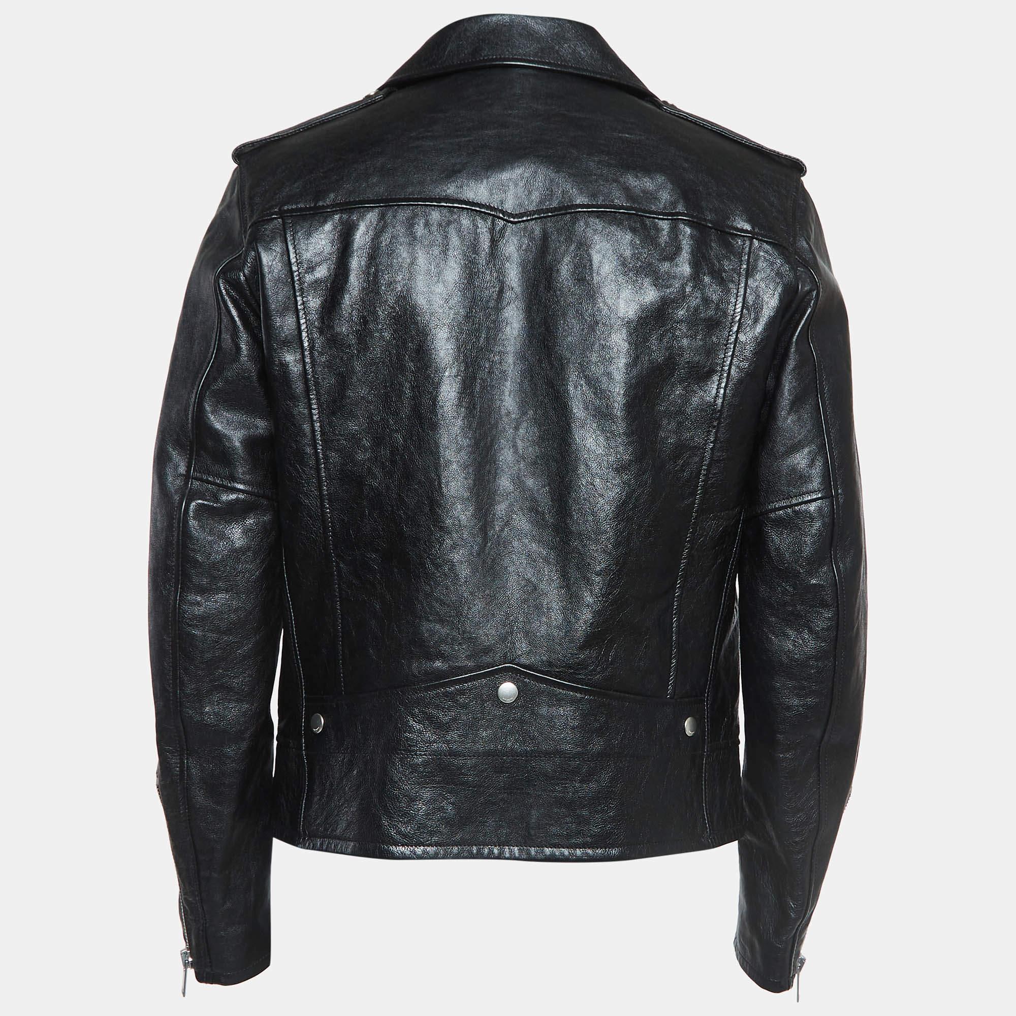 Saint Laurent Paris Black Leather Zipper Detail Biker Jacket XL In Excellent Condition For Sale In Dubai, Al Qouz 2