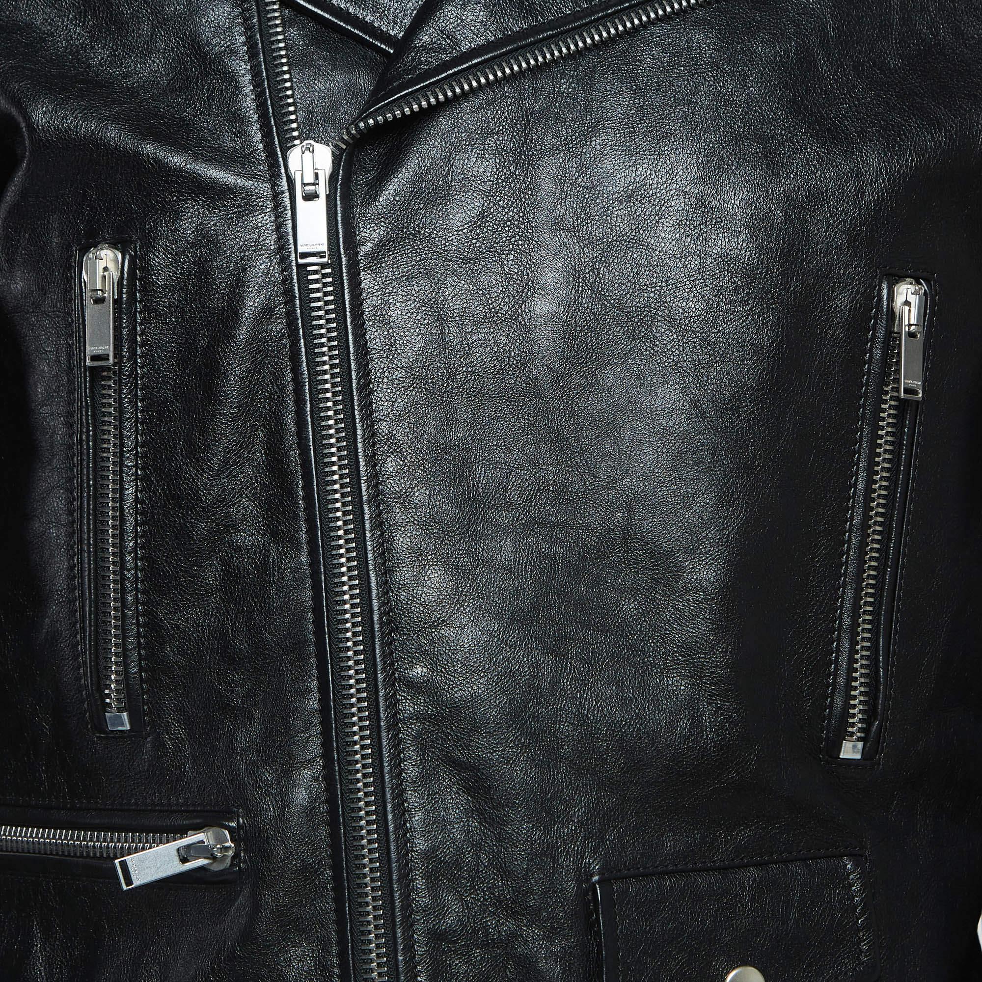 Men's Saint Laurent Paris Black Leather Zipper Detail Biker Jacket XL For Sale