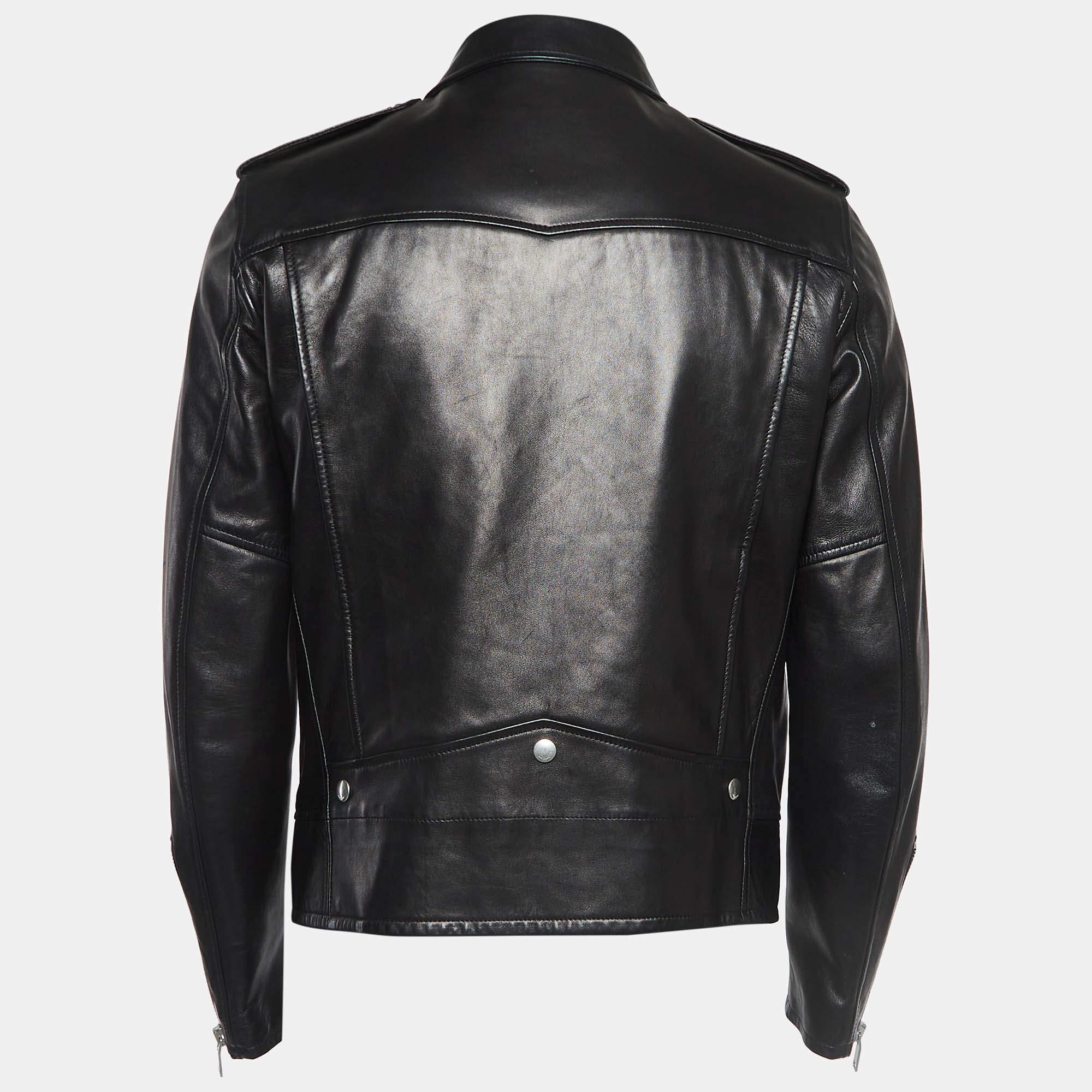 Saint Laurent Paris Black Leather Zipper Detail Riders Jacket XL In Good Condition For Sale In Dubai, Al Qouz 2