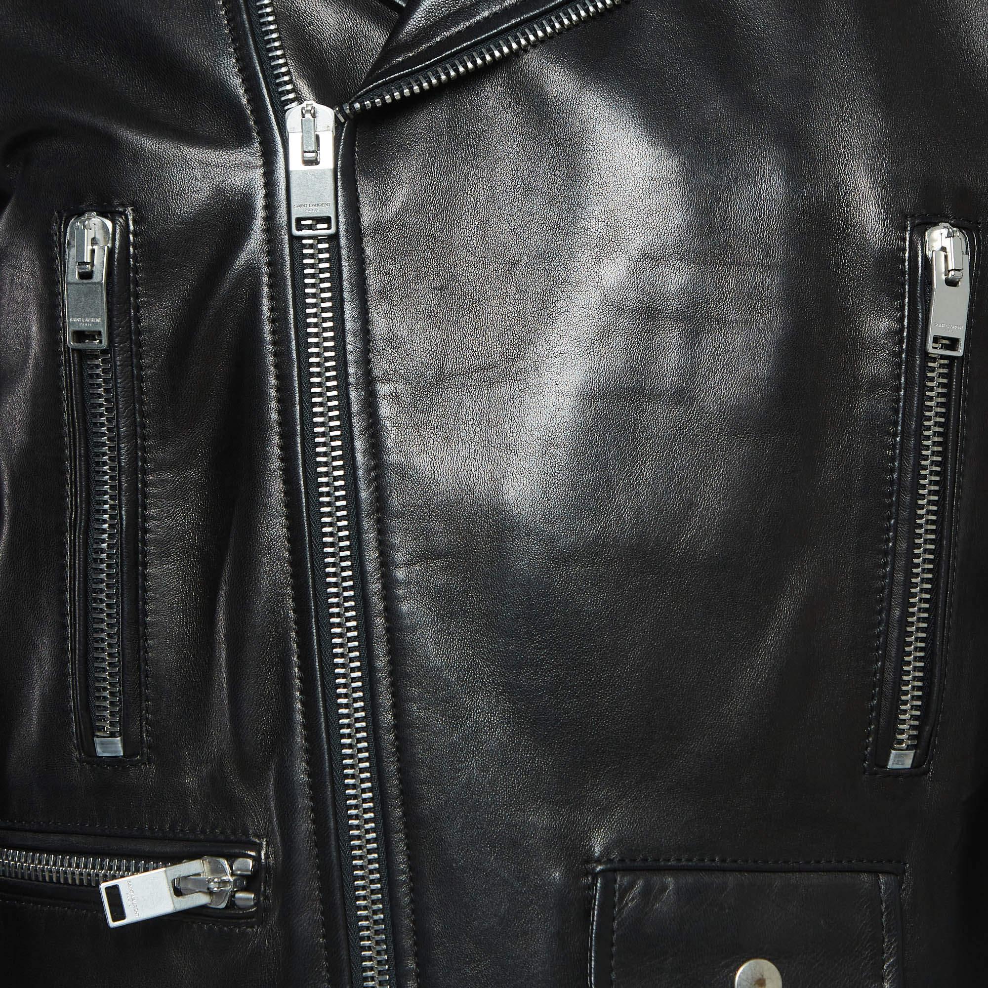 Saint Laurent Paris Black Leather Zipper Detail Riders Jacket XL For Sale 1