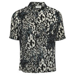 Saint Laurent Paris Black Leopard Printed Silk Short Sleeve Shirt S