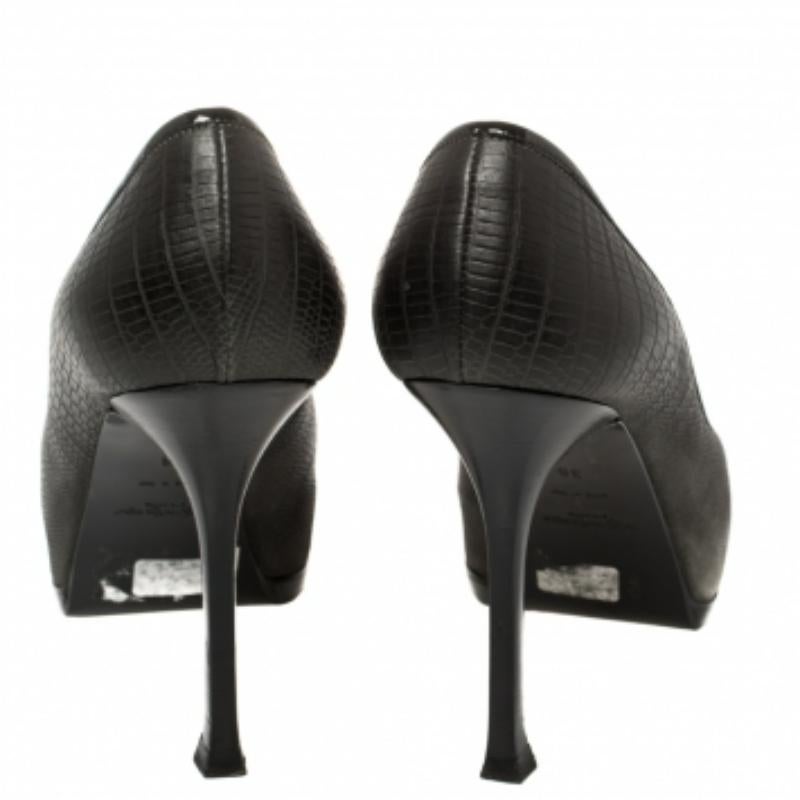 Saint Laurent Paris Black Lizard Embossed Leather Tribtoo Platform Pumps Size 36 For Sale 2