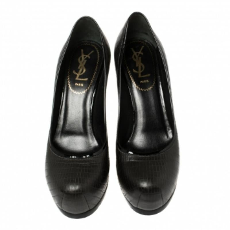 Saint Laurent Paris Black Lizard Embossed Leather Tribtoo Platform Pumps Size 36 For Sale 4