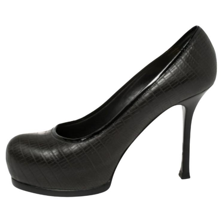 Saint Laurent Paris Black Lizard Embossed Leather Tribtoo Platform Pumps Size 36 For Sale