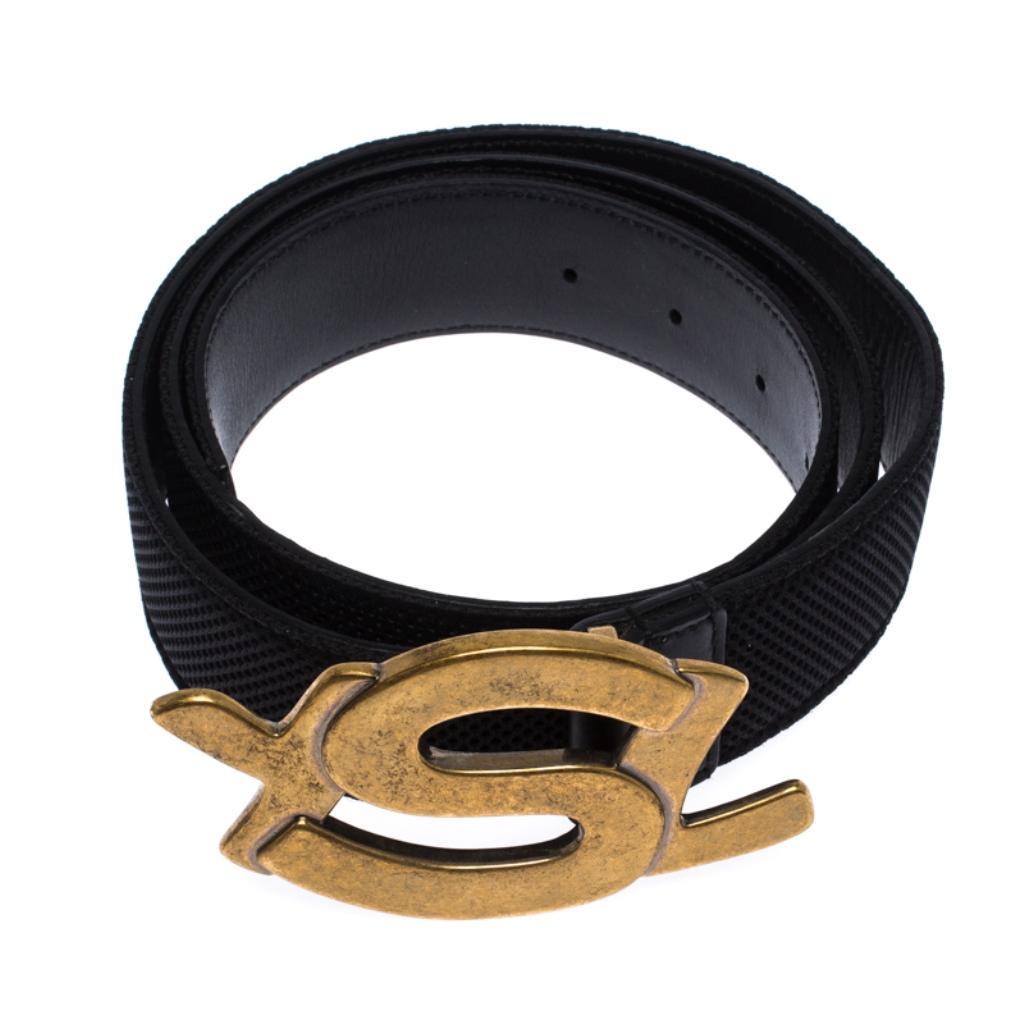 Saint Laurent Paris' belt has the famous YSL logo as the buckle in gold-tone metal. Crafted from leather and mesh in a classic black, the belt has a sleek design and it will easily add a luxe touch to your ensemble.

Includes: The Luxury Closet