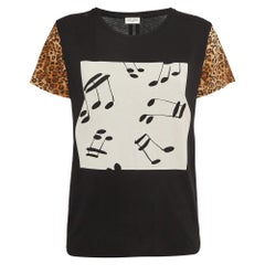 Saint Laurent Paris Black Musical and Leopard Print Cotton Jersey T-Shirt S