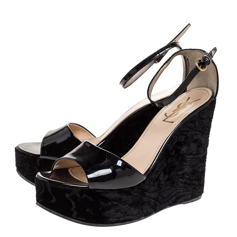 Saint Laurent Paris Black Patent And Embossed Velvet Wedge Platform Sandals 38 1