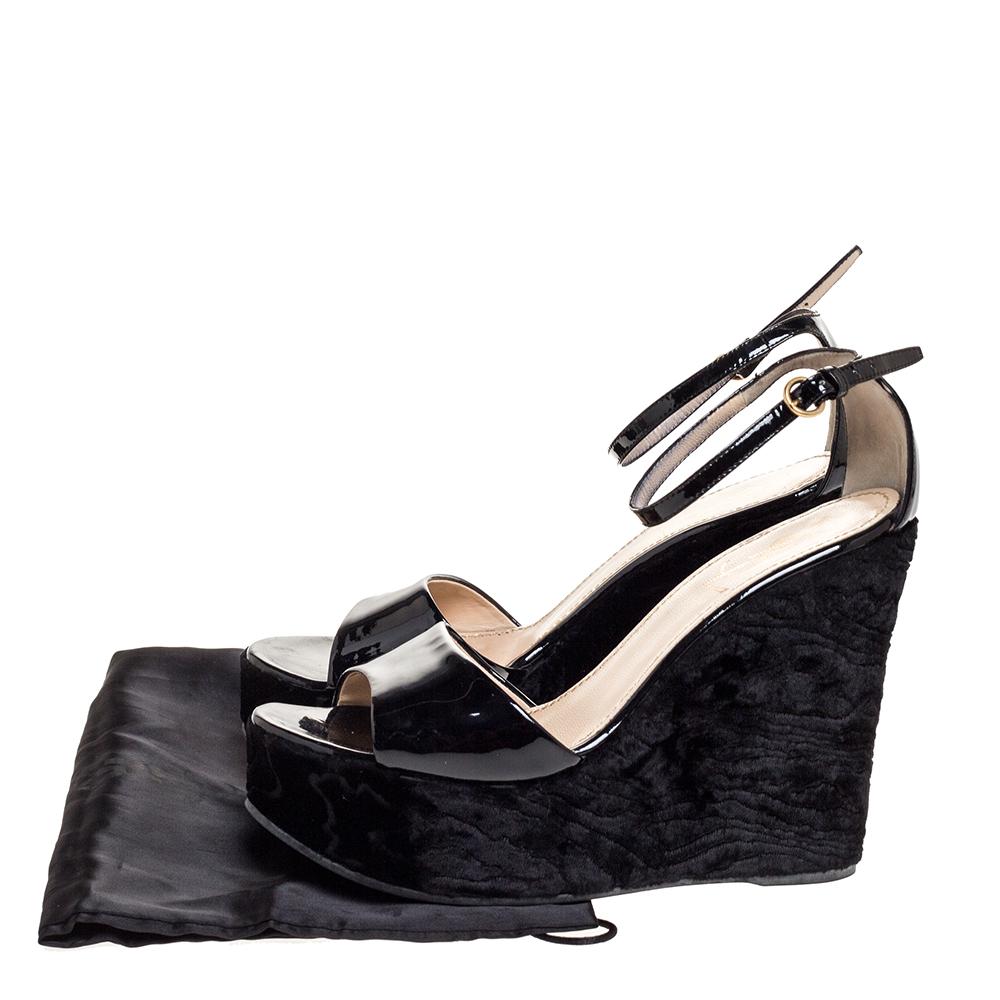 Saint Laurent Paris Black Patent And Embossed Velvet Wedge Platform Sandals 38 2