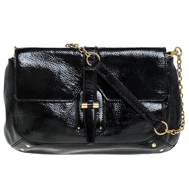 Saint Laurent Paris Black Patent Leather Emma Chain Shoulder Bag