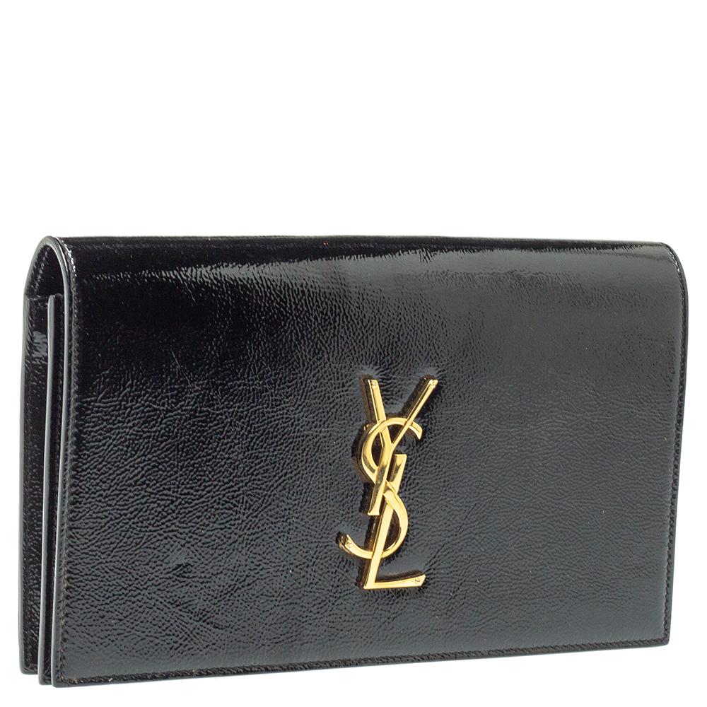 Women's Saint Laurent Paris Black Patent Leather Kate Monogram Clutch