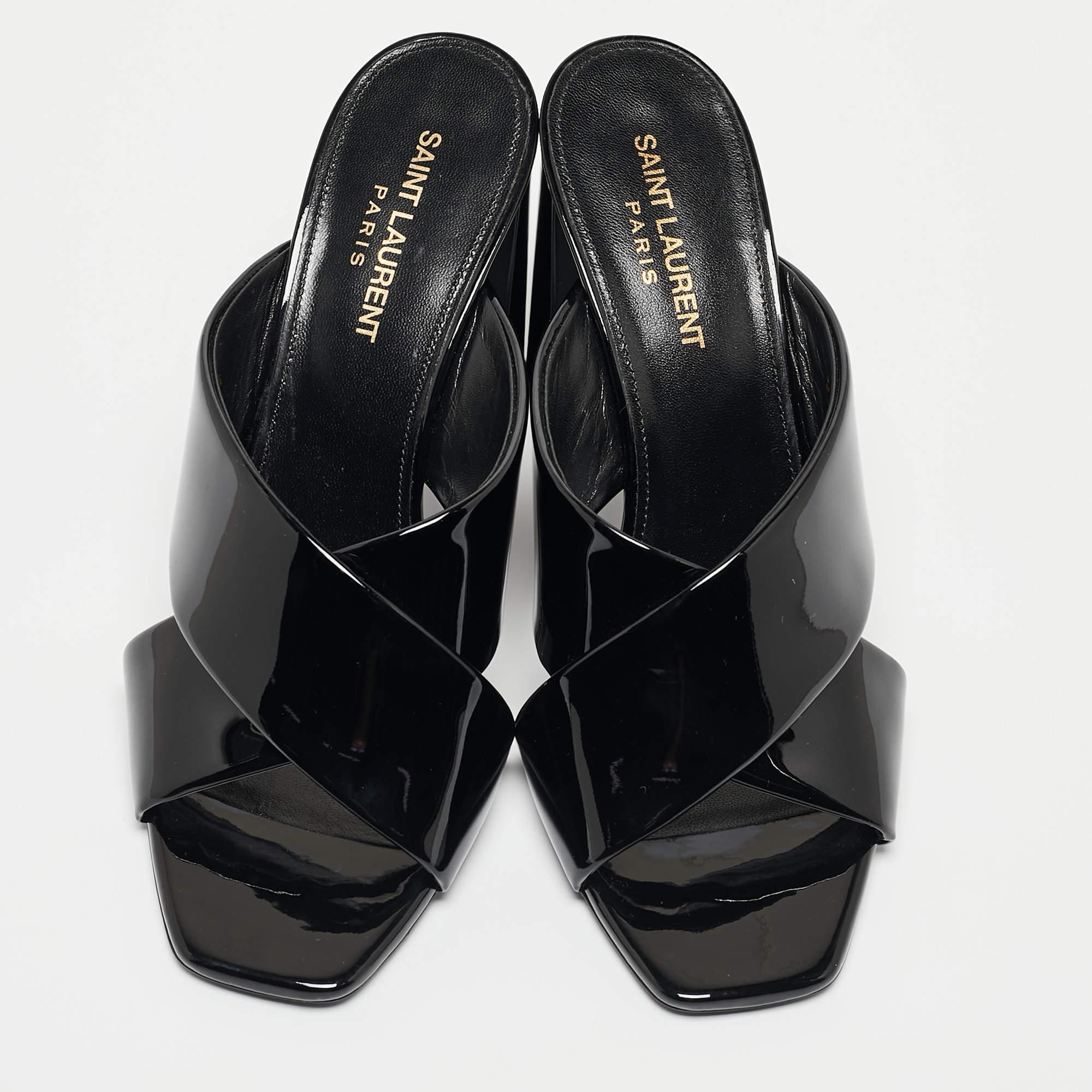 Saint Laurent Paris Black Patent Leather Loulou Criss Cross Slide Sandals Size 3 In Excellent Condition In Dubai, Al Qouz 2