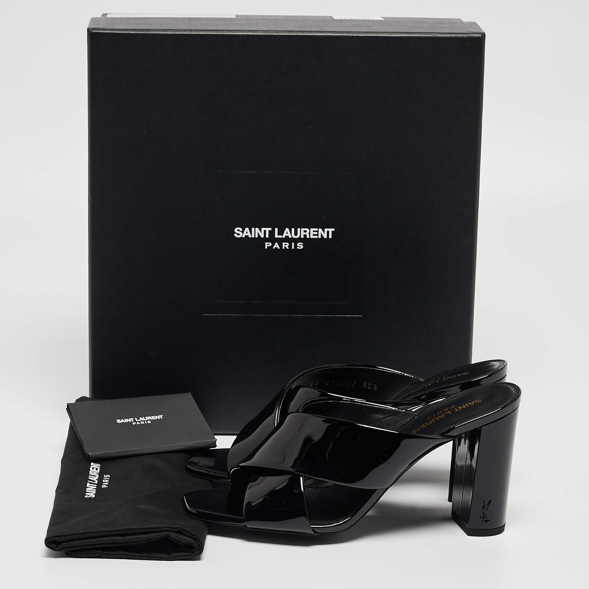 Saint Laurent Paris Black Patent Leather Loulou Criss Cross Slide Sandals Size 3 5