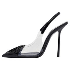 Saint Laurent Paris Black Patent Leather PVC Pointed Toe Slingback Pumps Size 37