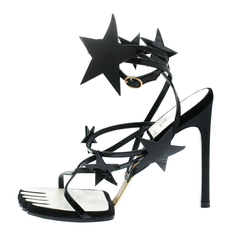 Saint Laurent Paris Black Patent Leather Star Ankle Wrap Sandals Size 38 In Good Condition For Sale In Dubai, Al Qouz 2