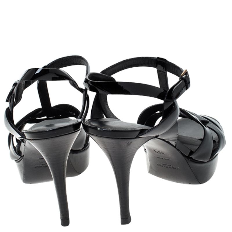 Saint Laurent Paris Black Patent Leather Tribute Platform Sandals Size 39.5 In Good Condition In Dubai, Al Qouz 2