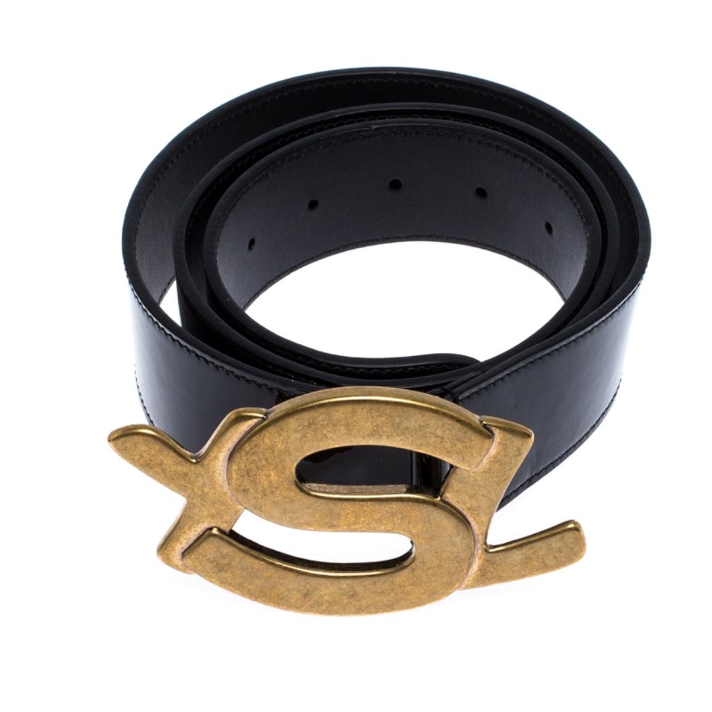 Saint Laurent Paris Black Patent Leather YSL Logo Buckle Belt 100CM In Good Condition In Dubai, Al Qouz 2
