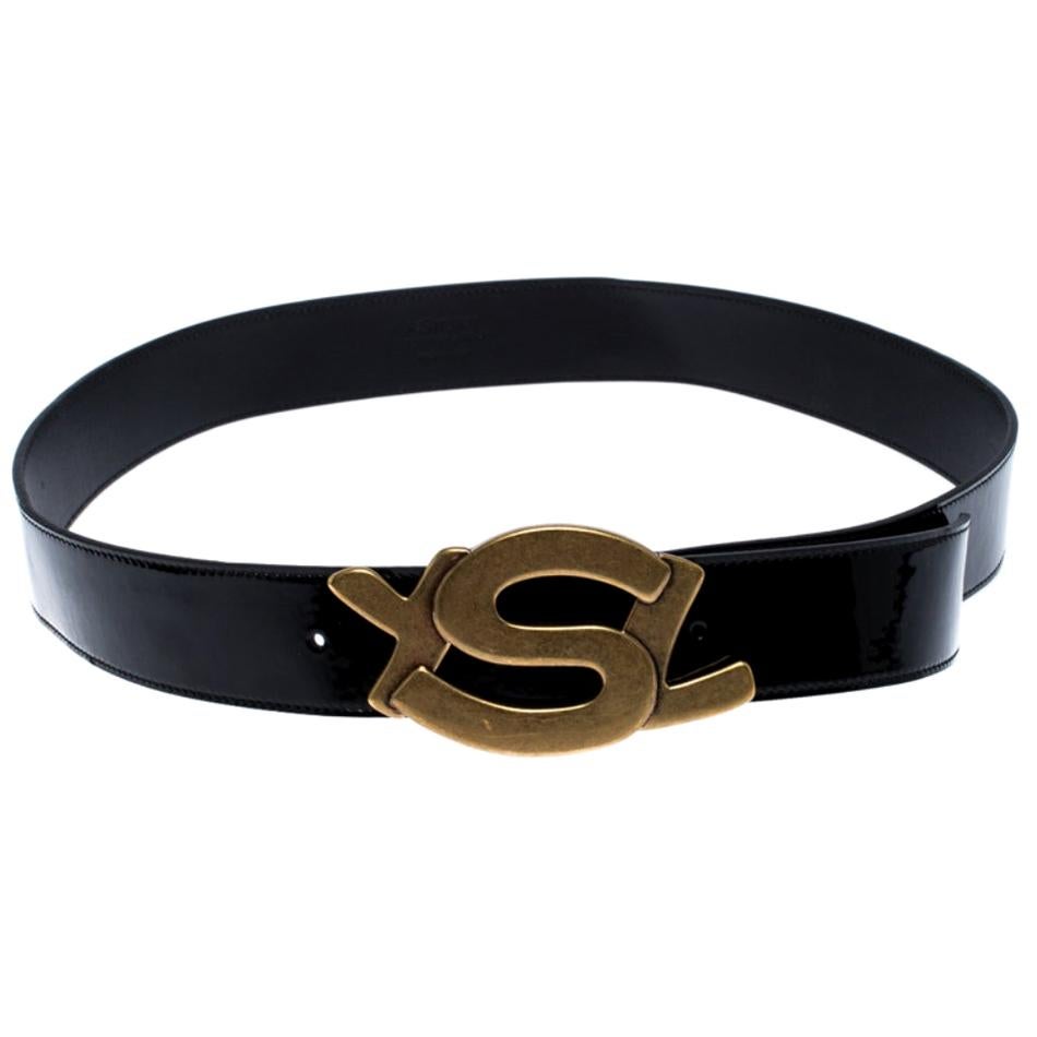 Saint Laurent Paris Black Patent Leather YSL Logo Buckle Belt 100CM