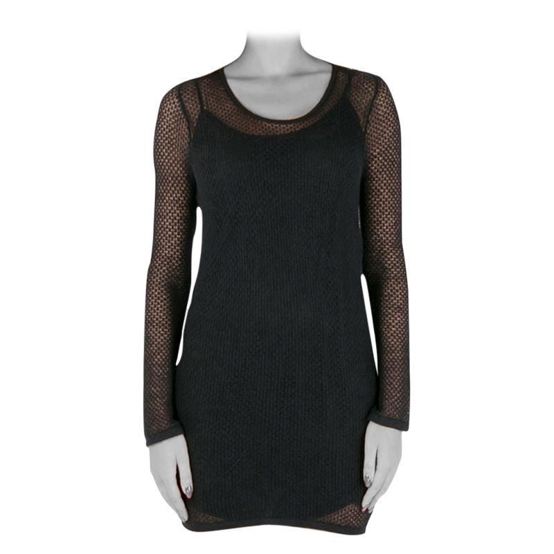 Saint Laurent Paris Black Perforated Knit Mesh Long Sleeve Dress S For Sale