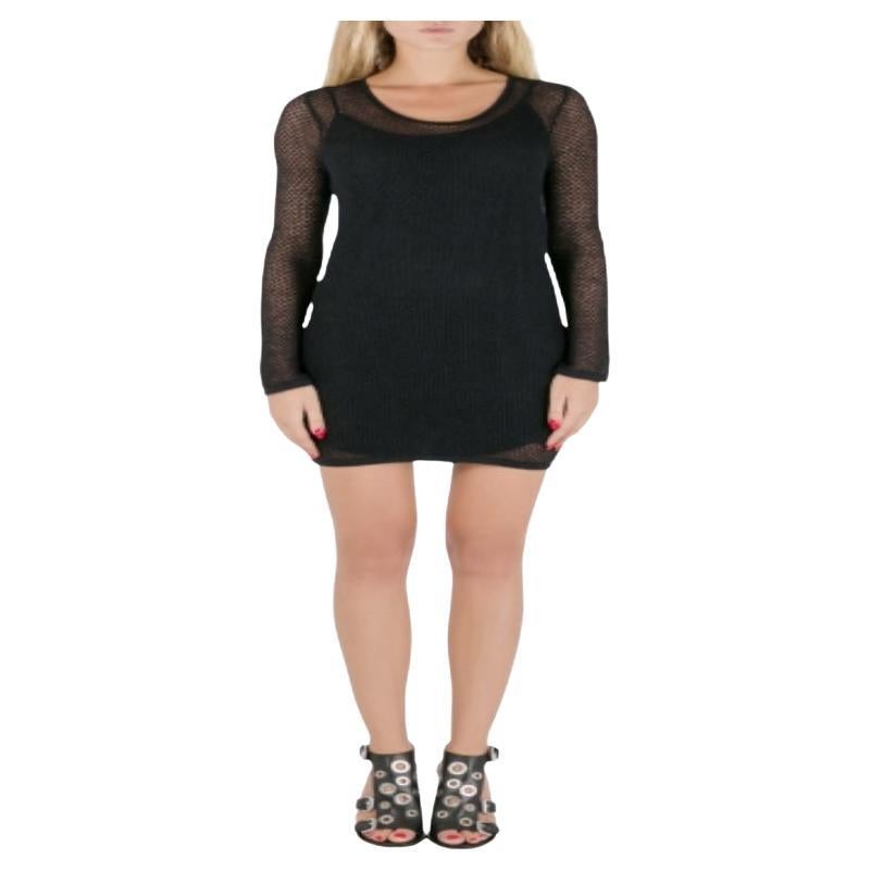 Saint Laurent Paris Schwarz Perforiertes Maschengewebe Langarmkleid S im Angebot
