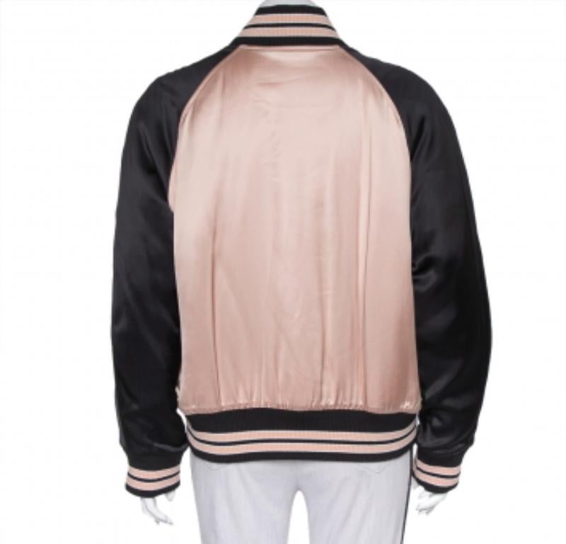 Beige Saint Laurent Paris Black & Pink Satin Button Front Bomber Jacket L For Sale