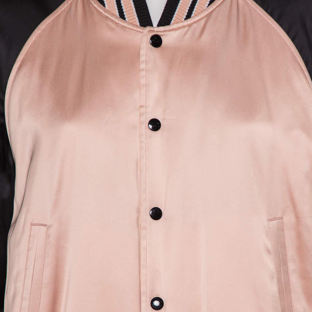 Beige Saint Laurent Paris Black & Pink Satin Button Front Bomber Jacket L For Sale