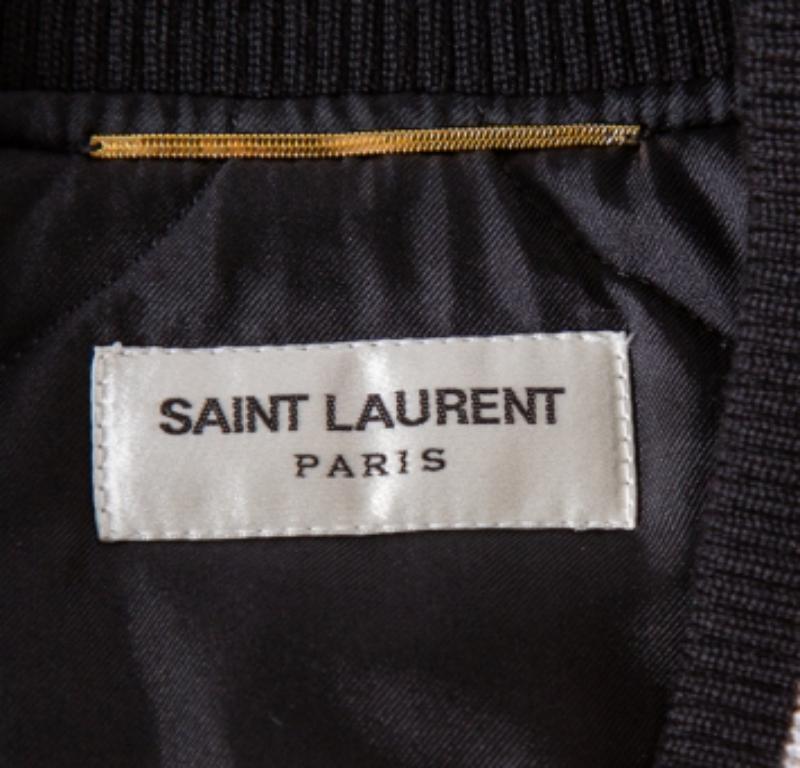 Saint Laurent Paris Black & Pink Satin Button Front Bomber Jacket L For Sale 1