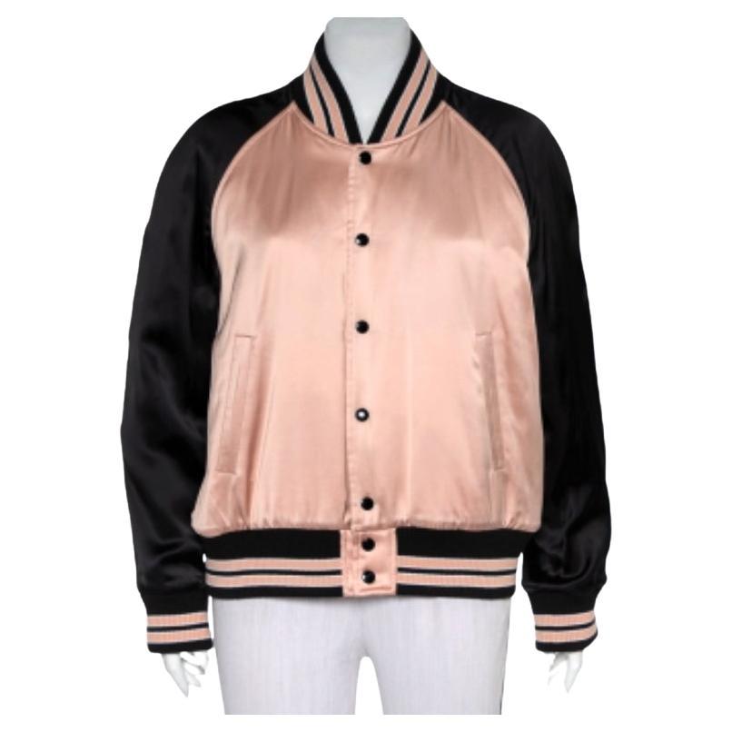 Saint Laurent Paris Black & Pink Satin Button Front Bomber Jacket L For Sale