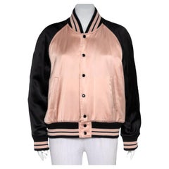 Saint Laurent Paris Black & Pink Satin Button Front Bomber Jacket L