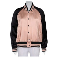 Used Saint Laurent Paris Black & Pink Satin Button Front Bomber Jacket L