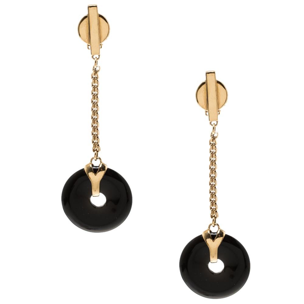 Contemporary Saint Laurent Paris Black Resin Disc Gold Tone Clip-on Drop Earrings
