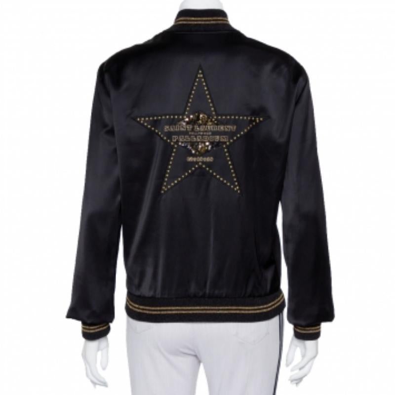 Saint Laurent Paris Black Satin Lurex Trim Detail Button Front Jacket L In Excellent Condition For Sale In Dubai, Al Qouz 2