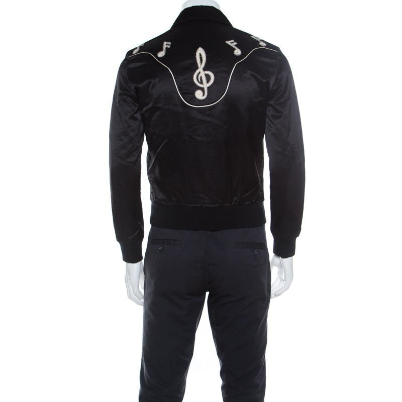 Saint Laurent Paris Black Satin Music Notes Western Jacket XS For