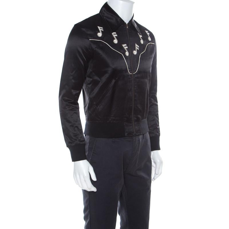 Saint Laurent Paris Black Satin Music Notes Western Jacket XS For