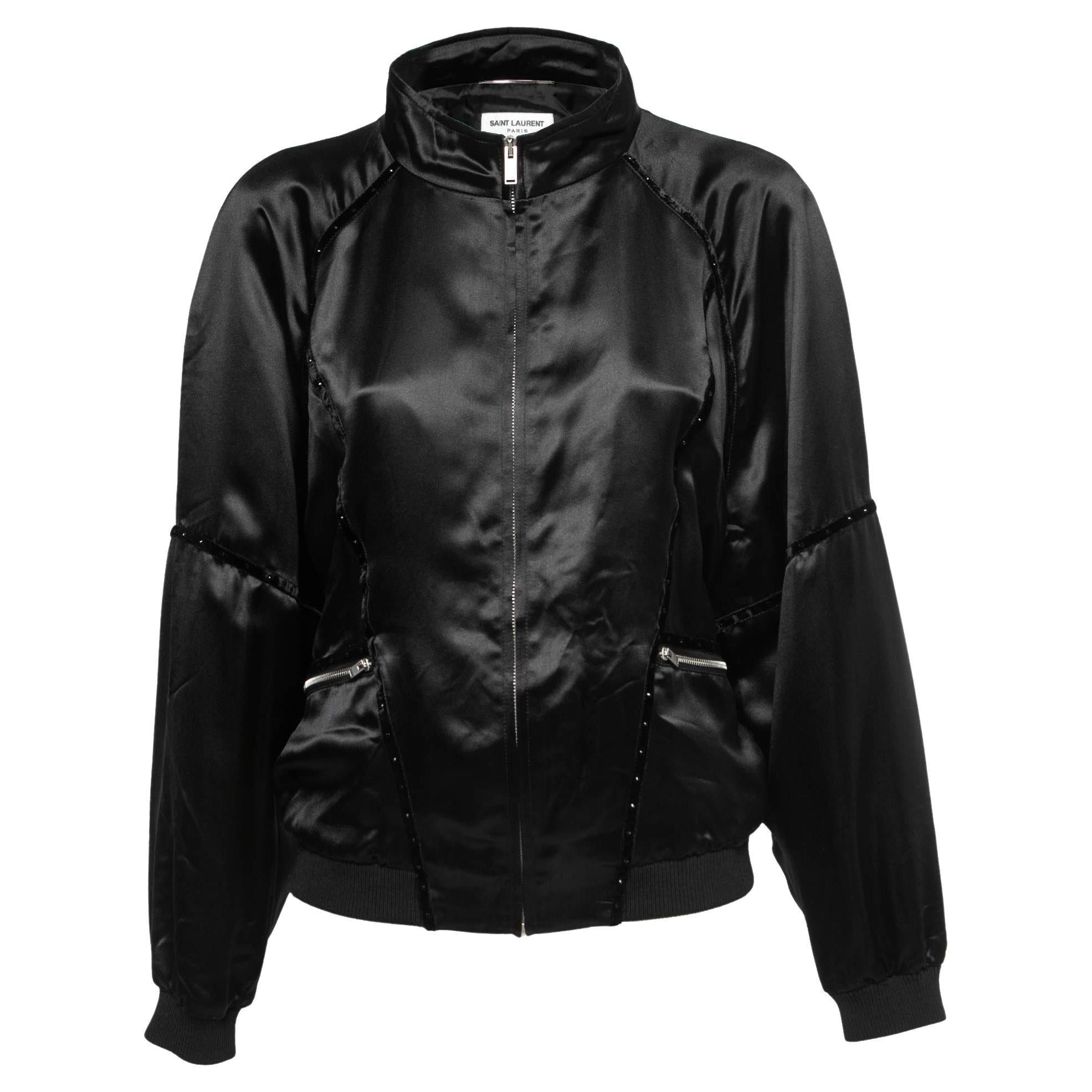 Saint Laurent Paris Black Satin Teddy 80s Bomber Jacket L For Sale at  1stDibs