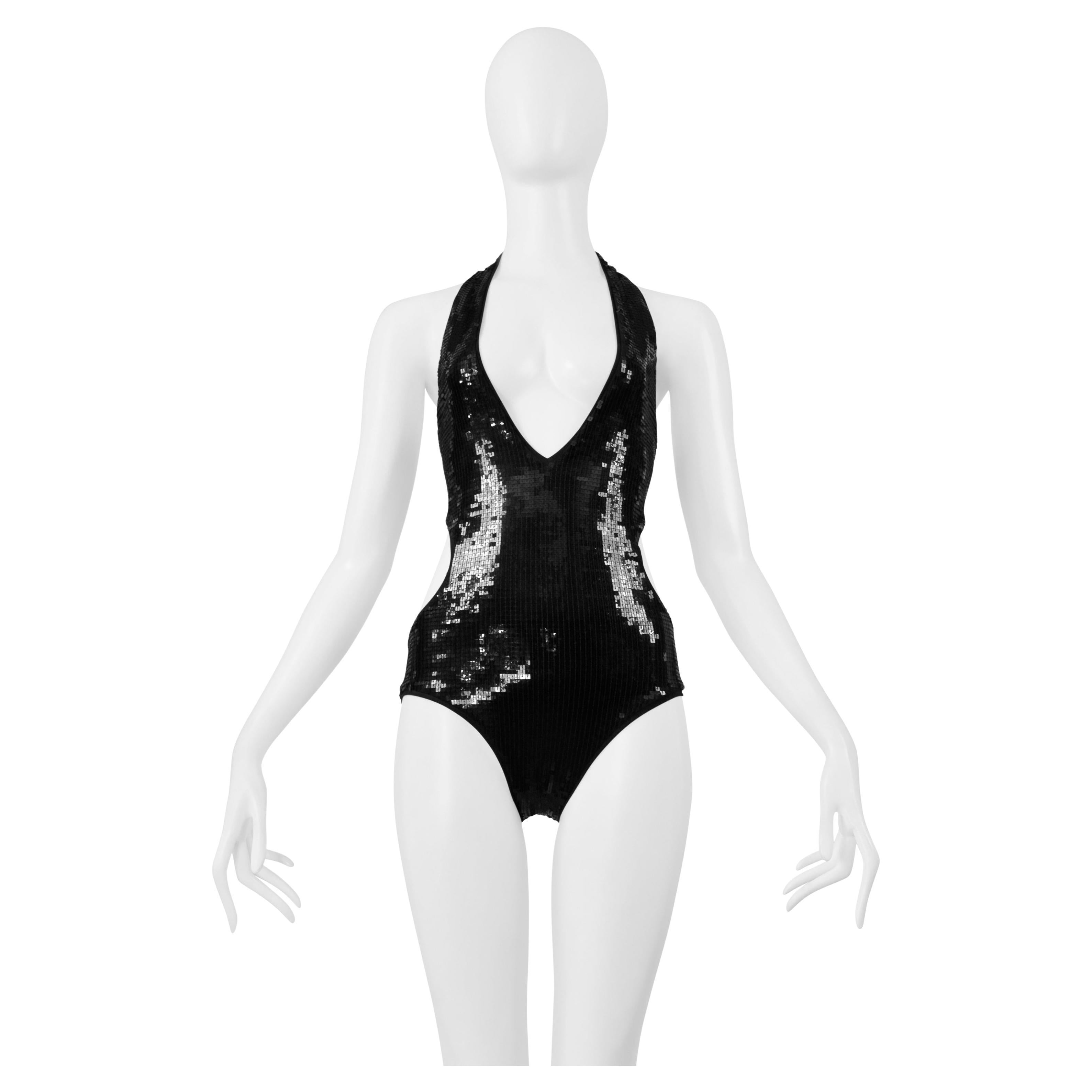 Saint Laurent Paris Black Sequin Cutout Bodysuit 2019