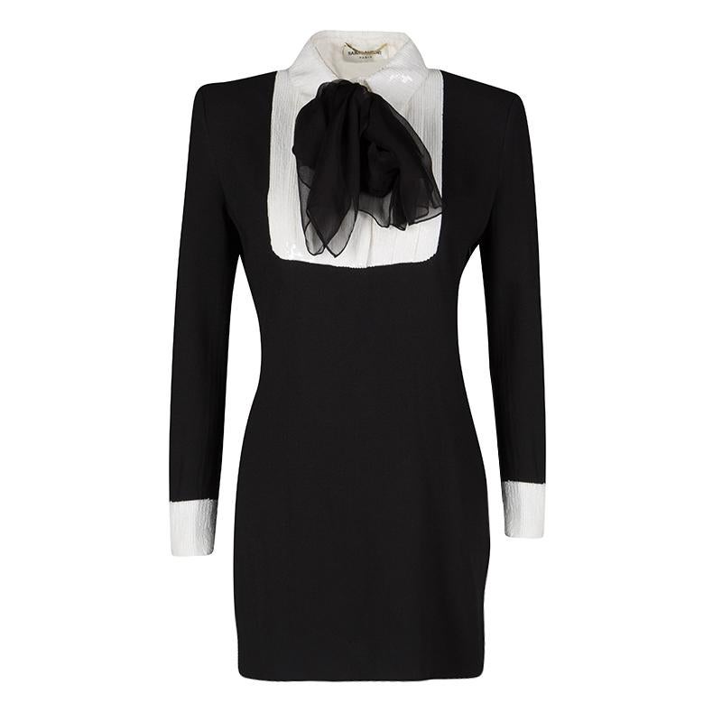 Saint Laurent Paris Black Sequinned Yoke Detail Long Sleeve Dress S at