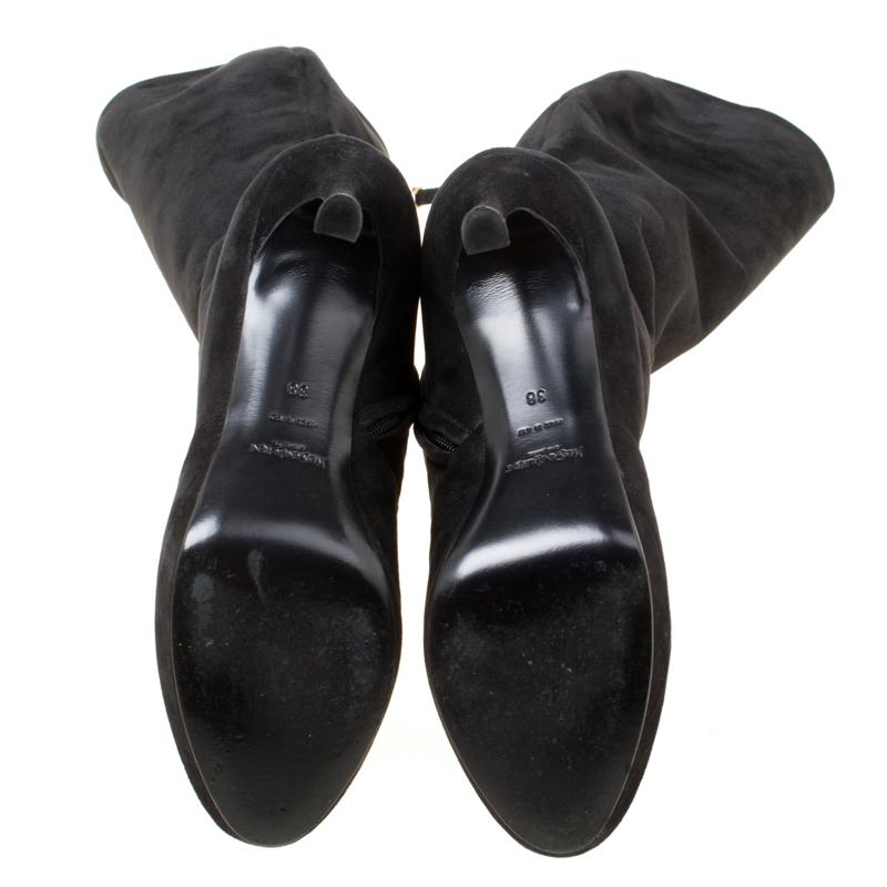 Women's Saint Laurent Paris Black Shimmering Suede Knee Length Platform Boots Size 38