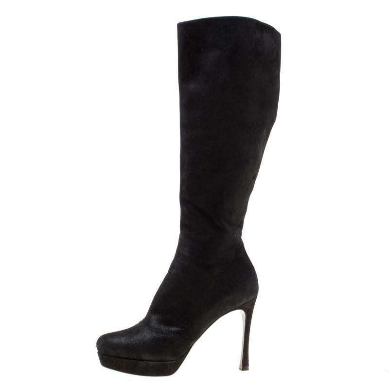 Saint Laurent Paris Black Shimmering Suede Knee Length Platform Boots Size 38 1