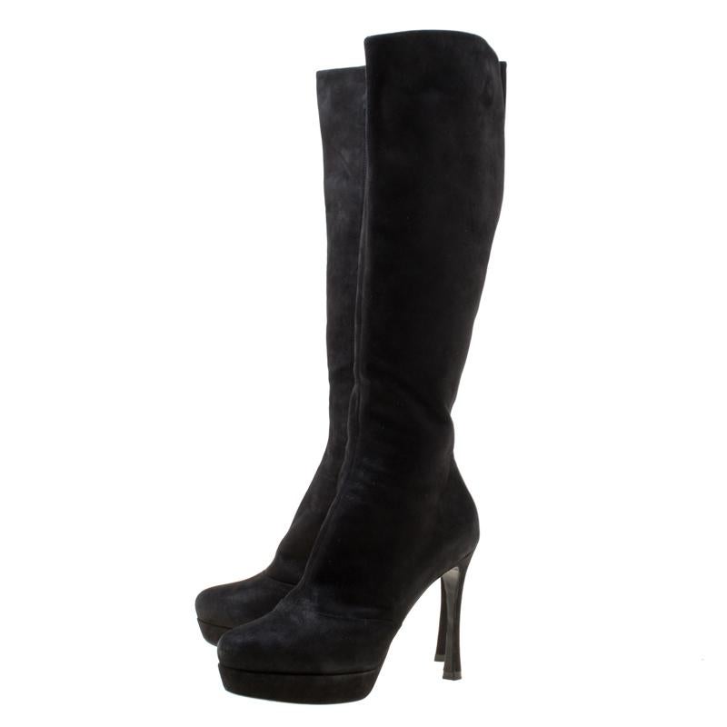 Saint Laurent Paris Black Shimmering Suede Knee Length Platform Boots Size 38 3