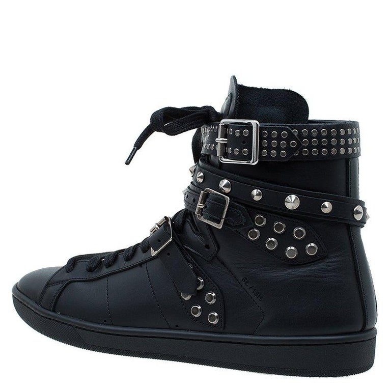 Saint Laurent Paris Black Spike Leather High Top Buckle Sneakers Size ...