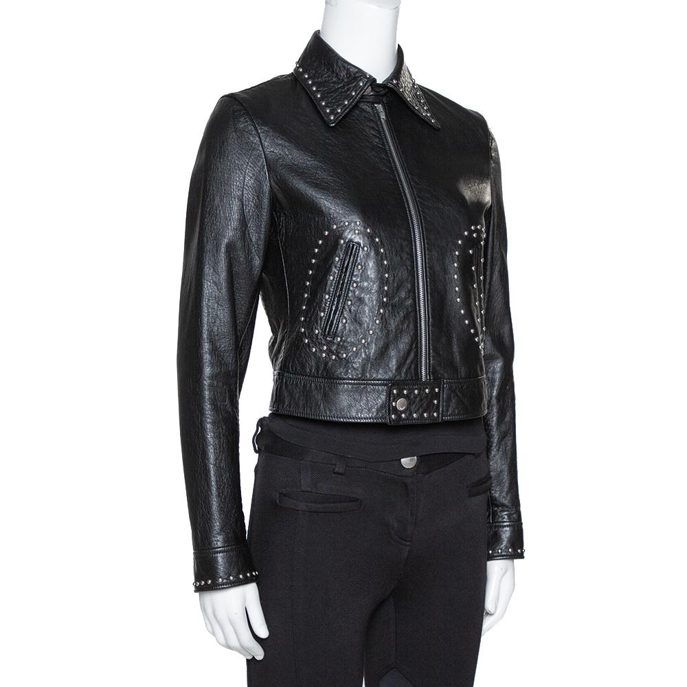 Saint Laurent Paris Black Studded Leather Biker Jacket S In Good Condition In Dubai, Al Qouz 2