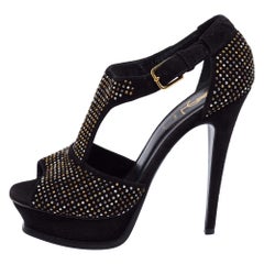 Saint Laurent Paris Black Studded Suede T-Strap Peep Toe Sandals Size 38.5