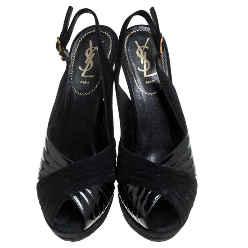 Saint Laurent Paris Black Suede and Patent Leather Slingback Sandals Size 40 In Good Condition For Sale In Dubai, Al Qouz 2