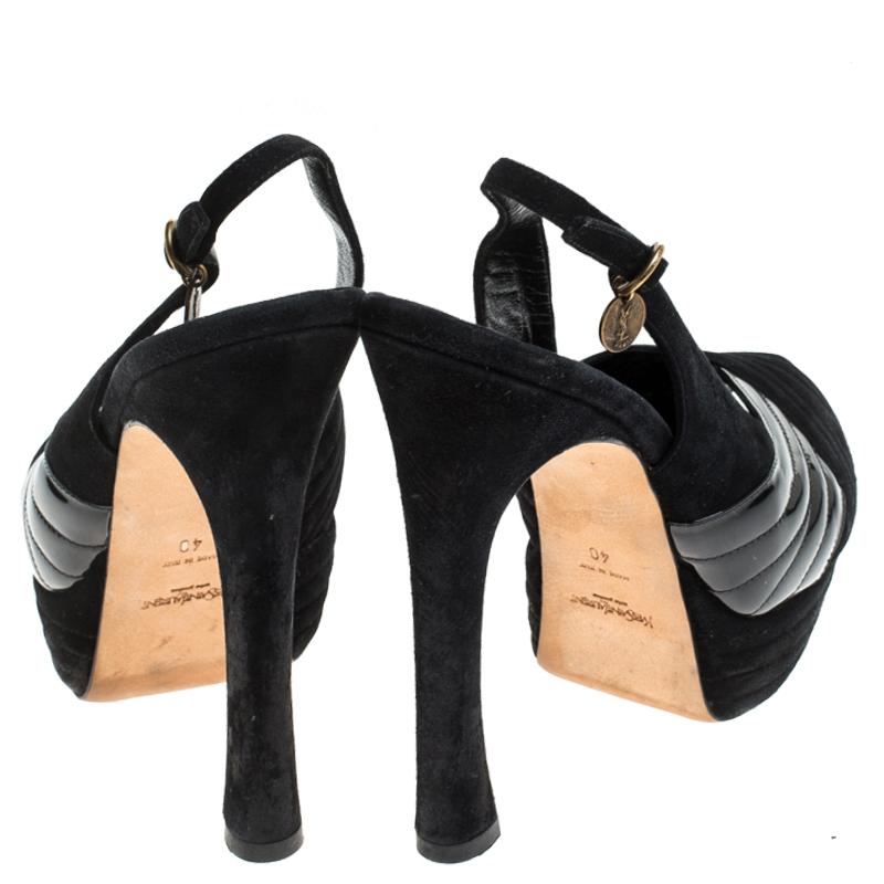 Women's Saint Laurent Paris Black Suede and Patent Leather Slingback Sandals Size 40 For Sale