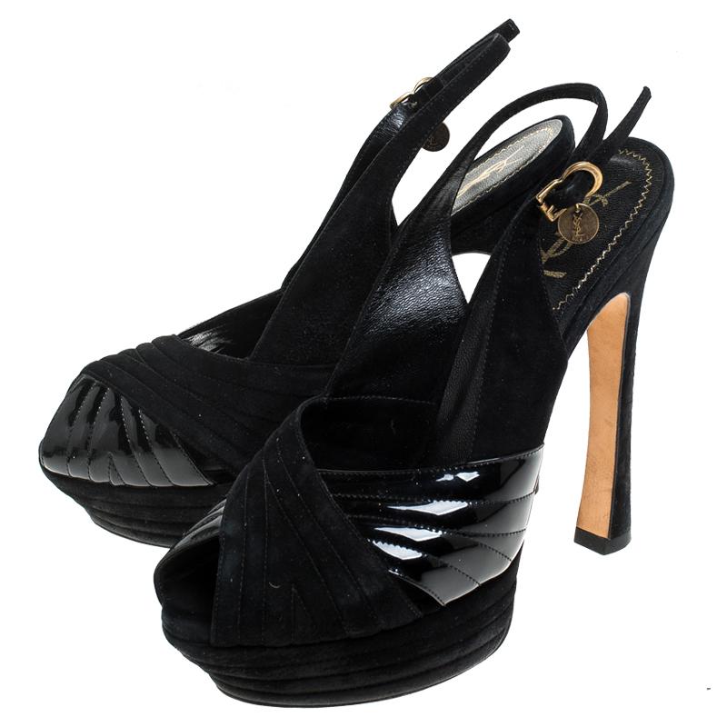 Saint Laurent Paris Black Suede and Patent Leather Slingback Sandals Size 40 For Sale 1