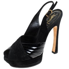 Saint Laurent Paris Black Suede and Patent Leather Slingback Sandals Size 40